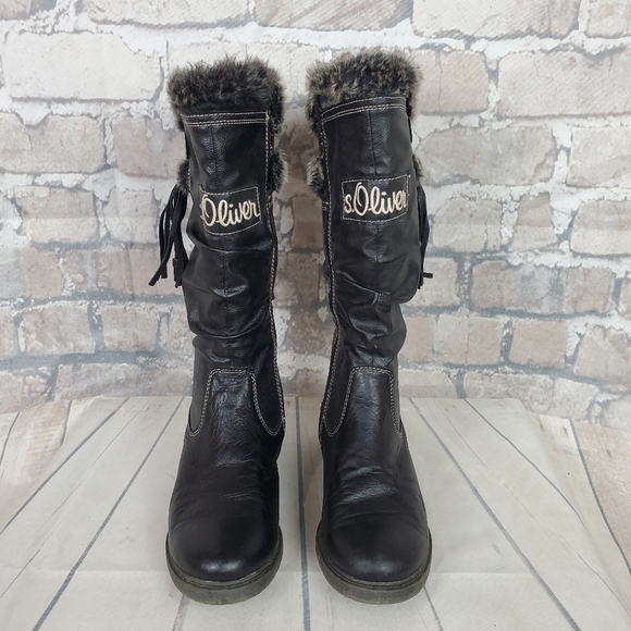 s.Oliver  Winter Tall Leather Boots Lined Faux Fur Black Size 38 - Picture 6 of 16